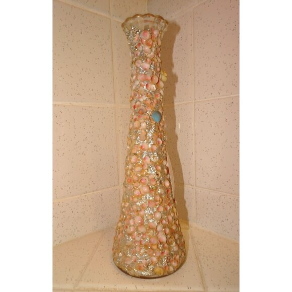 Vintage Florida Souvenir Tiny Shells Encrusted Covered Flower Glass Vase glitter - Picture 3 of 14